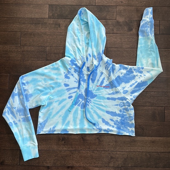 Spiritual Gangster Luna Crop Hoodie Aruba Blue White Tie Dye Terry S NWOT - Picture 4 of 8